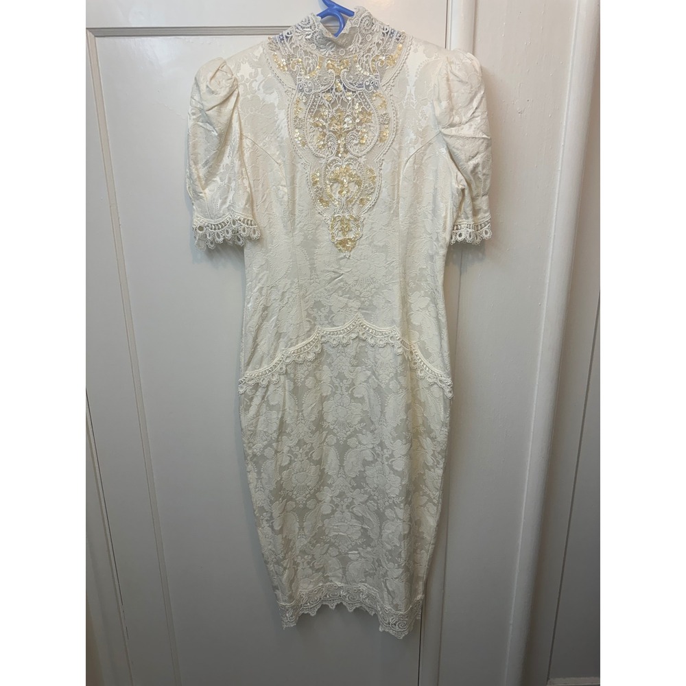 Vintage Jessica McClintock Ivory Damask Lace Sequin Peplum Midi Dress Size 14